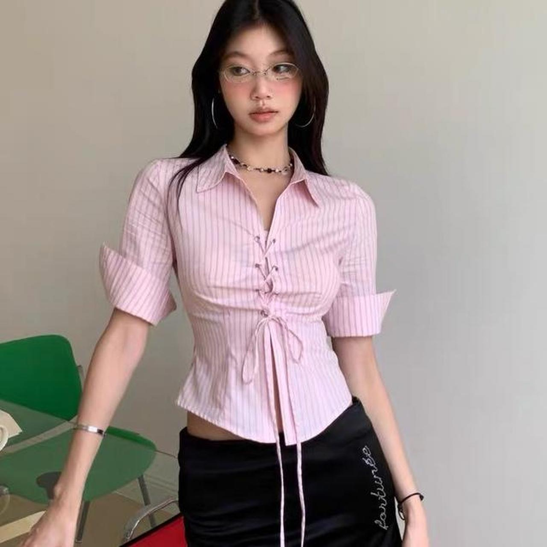 Pink Striped Lace-Up Corset Shirt